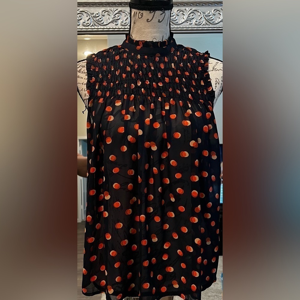Maeve by Anthropologie Navy Tank Top with Yellow and Orange Polka Dots.